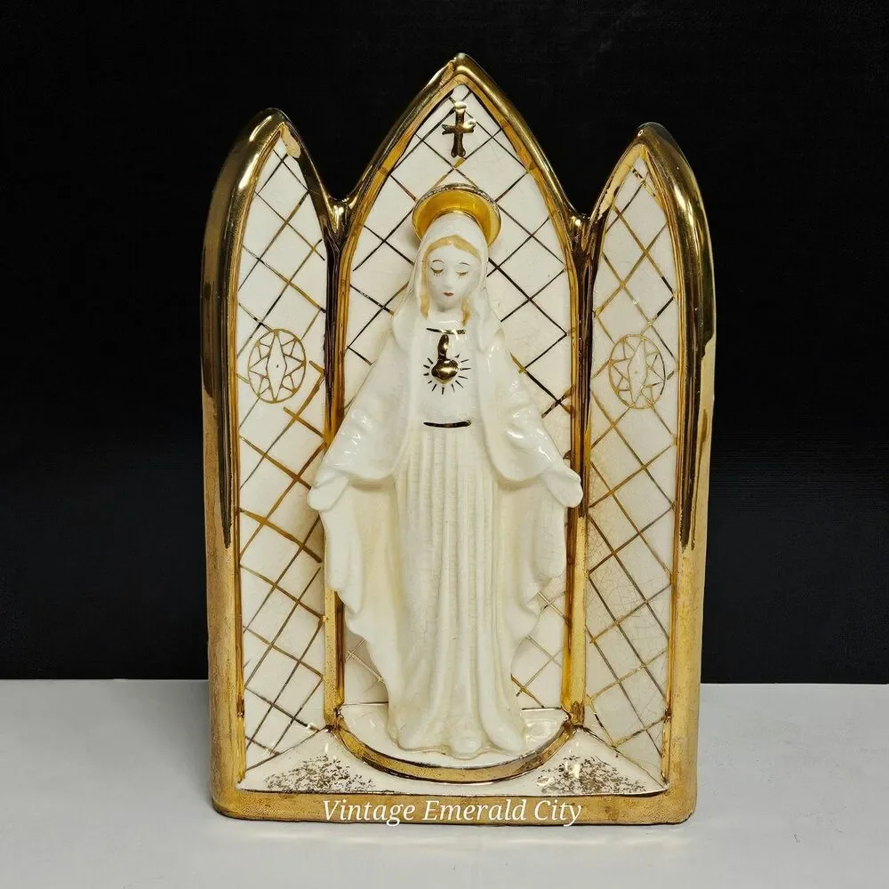 Vtg Geo Z Lefton 3D Virgin Mary Sculpture Wall Pocket Planter Ivory Gold Japan
